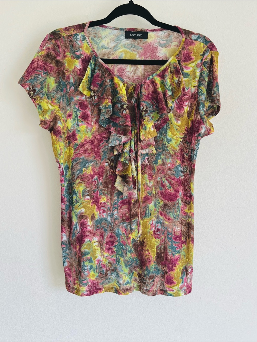 Karen Kane Multicolor Ruffle Front Short Sleeve Top - Yellow, Pink, Blue